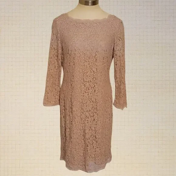 Adrianna Papell Pink Floral Lace Sheath Dress Size 12 3/4 Sleeve Formal - Picture 1 of 10